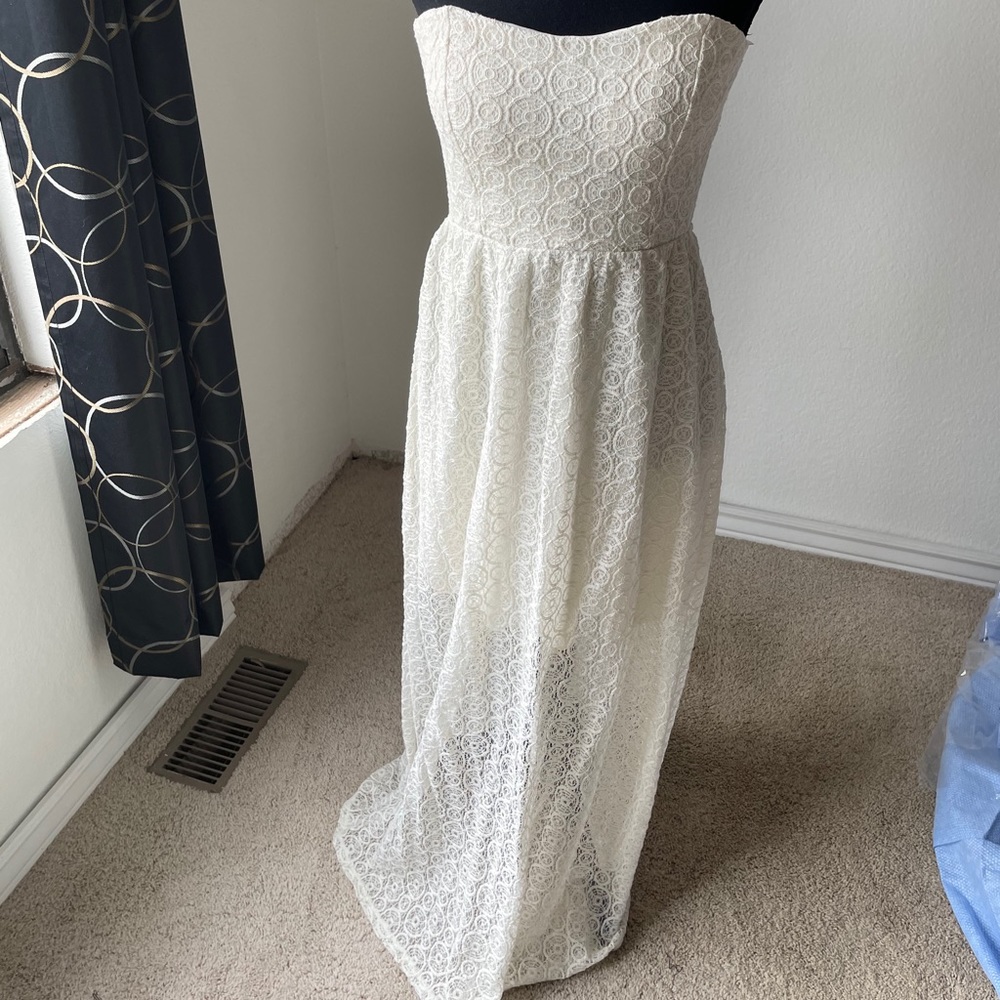 Off white lace strapless dress with open back